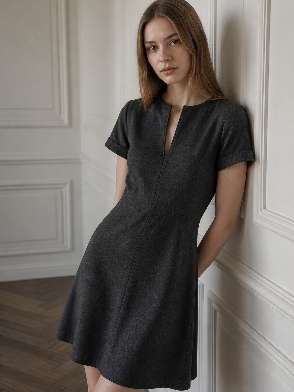 Lavia Italian Tailored Wool Charcoal Short-Sleeve Mini Dress